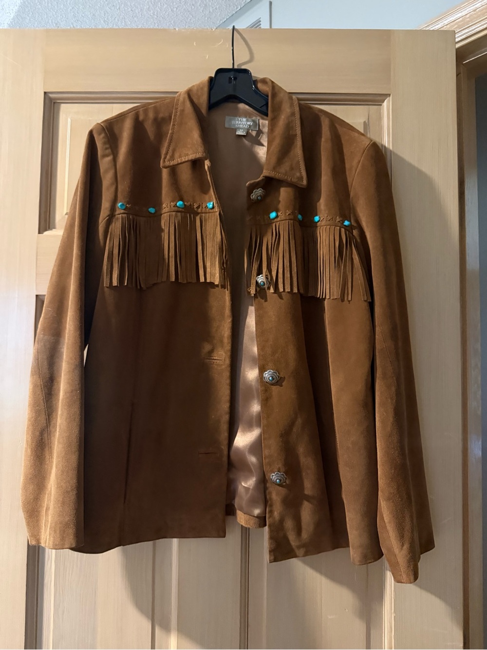 The Territory Ahead Brown Suede Fringe Jacket with Turquoise Studs